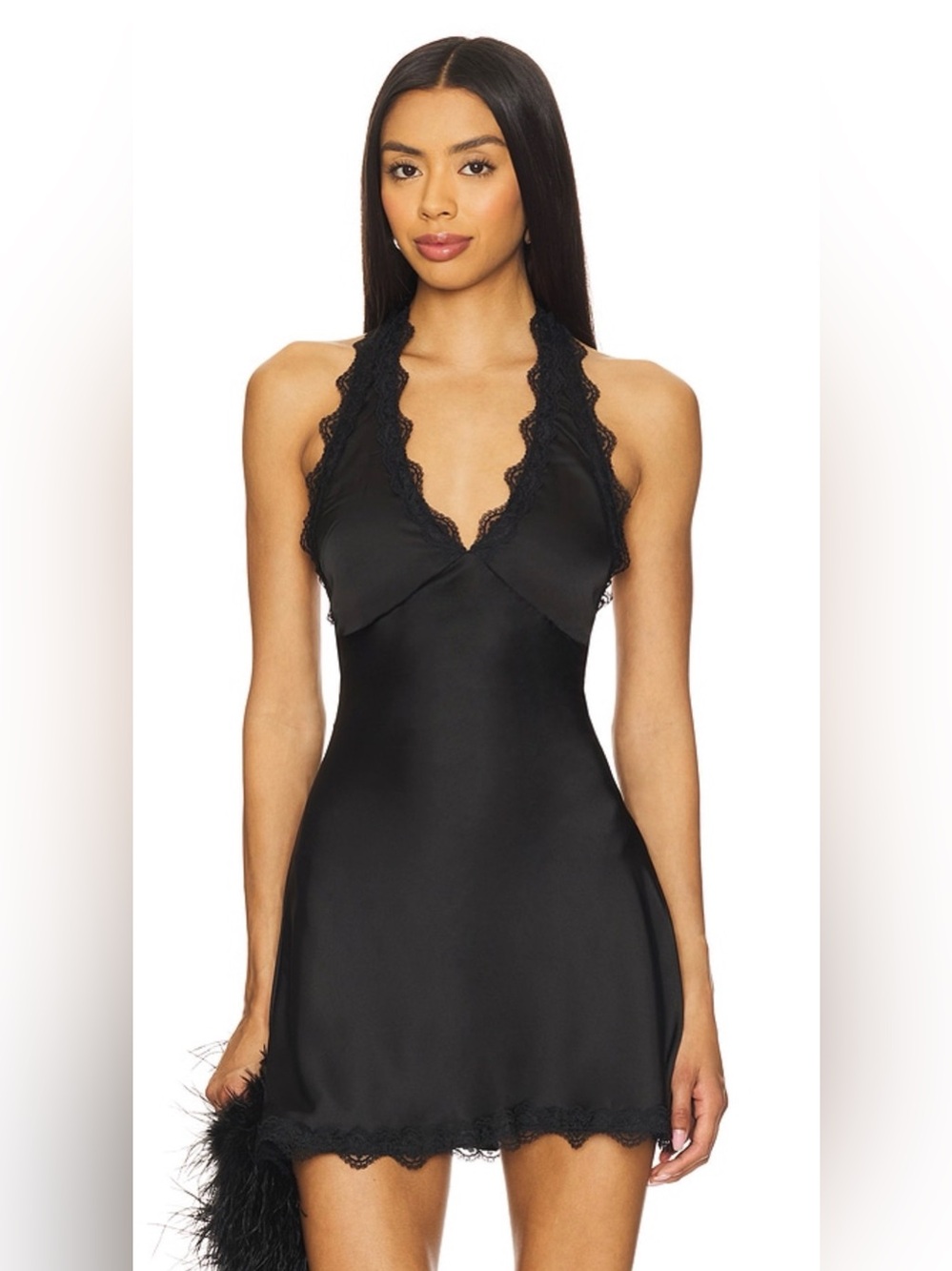 Lioness Stars Align Black Lace-Trim Halter Slip Dress - Size M